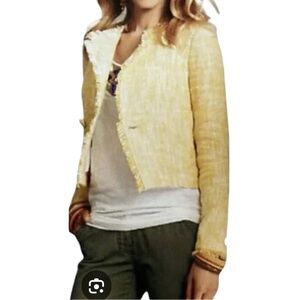 CAbi Yellow White Tweed Fringed Blazer L Cropped 1 Button Faux Pockets 147